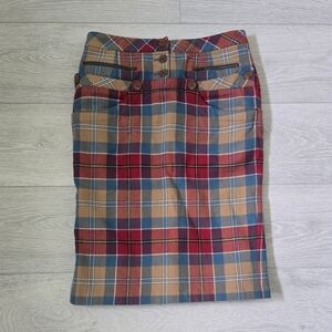 L.A.M.B. Plaid Pencil Skirt in Red, Tan & Blue